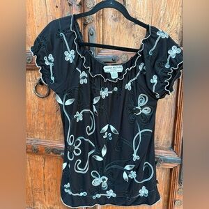 Lauren Michelle Black Top with White Embroidered Accents PL